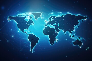 Poster - Abstract polygonal world map on dark blue background. Global network connection concept, Polygon world map with blockchain technology peer-to-peer network on a blue background, AI Generated