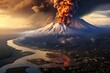 Volcanic eruption in the city of Kamchatka at sunset, Karimskiy volcano, Volcanic eruption in Kamchatka, ash flow, and destruction, AI Generated