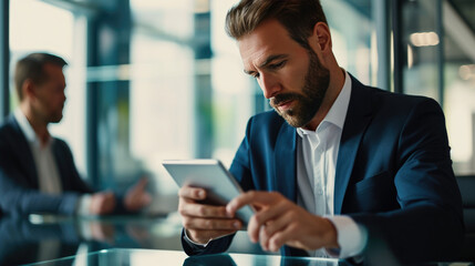 Focused man in a suit and tie, holding and looking intently at a tablet, sitting at a glass table in a modern office setting