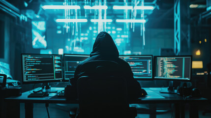Wall Mural - Individual in a hoodie sitting in front of multiple computer monitors displaying various data visualizations and global network map