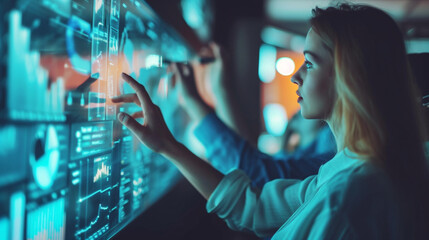 IT staff collaborating on a user interface design on a touch screen, Team, Teamwork, blurred background, with copy space