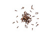 Closeup of organic dry spice cloves isolated on a transparent without shadows background from above, top view