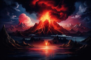 Wall Mural - Fantasy landscape with mountains and lake. Digital painting. 3D illustration, Night fantasy landscape with abstract mountains and an island on the water, an explosive volcano with, AI Generated