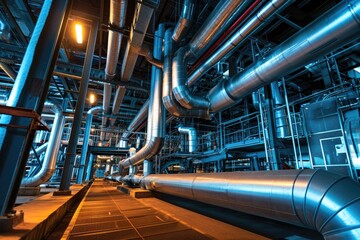 Poster - Modern industrial building with pipes, heat exchangers and valves.