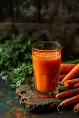 Wall Mural - Fresh carrot juice in a glass on a wooden table.