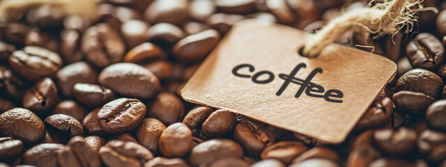 Wall Mural - Roasted coffee beans close-up background and inscription coffee.