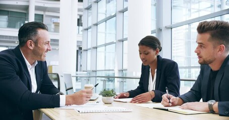 Canvas Print - Business people, writing and planning in meeting for project, brainstorming or corporate strategy at office. Group of happy employees taking notes in team discussion or plan for ideas at workplace