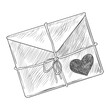 Sketch style envelope with drawn heart tied with rope. Love letter. Black and white envelope with bow. Engraving style.