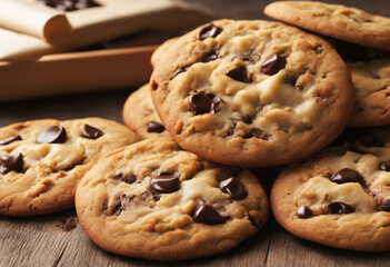 Wall Mural - Delicious chocolate chip cookies on a rustic plate