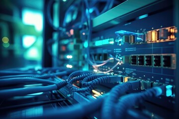 Poster - Fiber Optic cables connected to an optic ports in data center, Network cables connected to switches, Ethernet router in a data center, Digital information transmission equipment, AI Generated