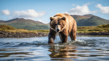 Brown Bear Walking Through Tidal Pool