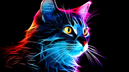 Wall Mural - Cat Animal Plexus Neon Black Background Digital Desktop Wallpaper HD 4k Network Light Glowing Laser Motion Bright Abstract	
