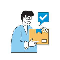 Leinwandbilder - Delivery concept with cartoon people in flat design for web. Man using parcel shipping and receiving cardboard box at post company. Vector illustration for social media banner, marketing material.
