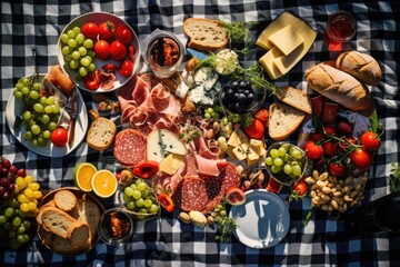 Wall Mural - An overhead shot of a picnic blanket spread with delicious food on a sunny meadow