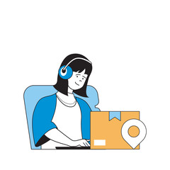 Leinwandbilder - Delivery concept with cartoon people in flat design for web. Woman waiting parcel shipping and tracking package location with laptop. Vector illustration for social media banner, marketing material.