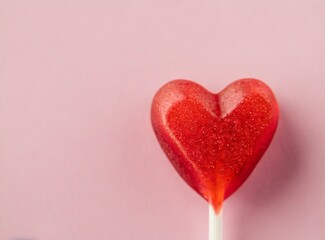 Canvas Print - Heart shaped candy on a stick on pink background with copy space. Valentine's Day celebration.