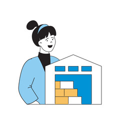 Leinwandbilder - Delivery concept with cartoon people in flat design for web. Woman working as manager at parcels warehouse in logistics company. Vector illustration for social media banner, marketing material.