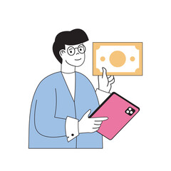 Poster - Shopping concept with cartoon people in flat design for web. Man making purchases at store in sale time and paying with cash money. Vector illustration for social media banner, marketing material.