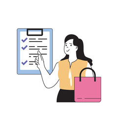 Poster - Shopping concept with cartoon people in flat design for web. Woman making purchases at store with huge wishlist in seasonal sale time. Vector illustration for social media banner, marketing material.