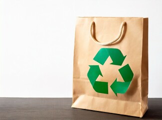 Sticker - Paper bag with a recycle symbol on it on white background with copy space. Eco recycling concept.