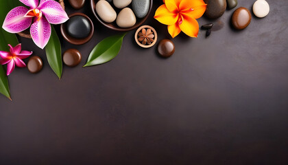 Spa brown background with massage stones, exotic flower and copy space created with generative ai