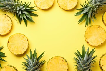 Wall Mural - Ripe sliced pineapples on yellow background