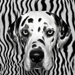 Dalmatian dog standing in front of a zebra print background. Black and white minimalism