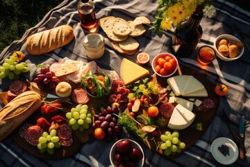 Wall Mural - An overhead shot of a picnic blanket spread with delicious food on a sunny meadow