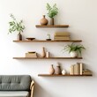 Wood floating shelf on white wall. Storage organization for home. Interior design of modern living room, Generative AI