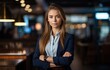 © James Ellis - an attractive young woman in full business attire with her arms crossed, in the style of panasonic lumix s pro 50mm f/1.4, t, exaggerated facial features, blue and amber, stan lee, english major.