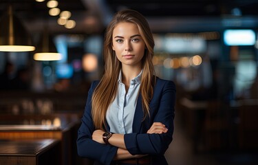 an attractive young woman in full business attire with her arms crossed, in the style of panasonic lumix s pro 50mm f/1.4, t, exaggerated facial features, blue and amber, stan lee, english major.