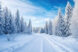 Fototapeta Most - Snowy winter road in forest. Beautiful winter landscape