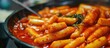 Tteokbokki is a popular street food made from spicy Korean rice cake cooked with gochujang.