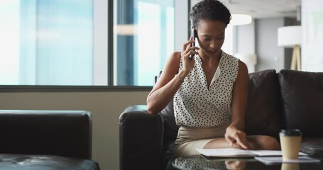 Aufkleber - cellphone call, file or professional woman consulting, talking or feedback on finance policy, budget