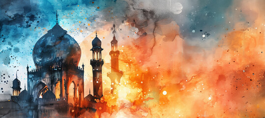 Wall Mural - Ramadan in watercolor style with copy space