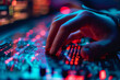 Hands typing on a close up screen with blurred lights and a code on the background. A cybersecurity illustration, access control, encryption. Copy space.