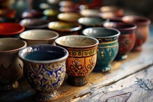 Colorful ceramic mugs and bowls, highlighting the rich artistic tradition and craftsmanship of the region's pottery