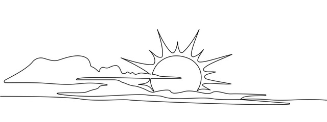 Poster - A continuous line of sun behind the clouds. Sunny summer travel concept. Sunny weather minimalist one line art. Vector illustration