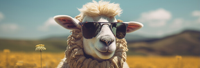 cute funny sheep in glasses with sunglasses and a funny face