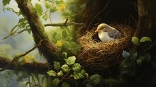  A Painting Of A Bird Sitting In A Nest In The Middle Of A Tree With Leaves And Flowers Around It.
