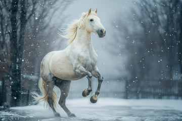  white Friesian stallion galloping field.