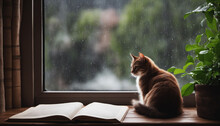 Rain Falling On The Window, Flowing Raindrops, Comfortable Rain Sound ASMR, A Cat Sleeping On A Desk With Books, Notes, And Coffee, Resting In A Cozy Cafe And Library, And Raining Scenery
