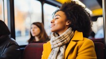 Smiling Woman Holding Handle On Public Bus, Bright And Colorful Image With Blurred Background