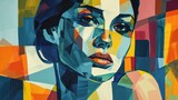 Fototapeta  - Abstract painting of a woman in a modern, vibrant color, geometric art, contemporary, and cubism style, ideal for wall art, printing design, and artistic poster