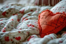 A Soft Pillow With A Stitched Heart, Resting On A Cozy Bedspread, An Intimate Valentine's Background With Copy-space For Comforting Love Words.