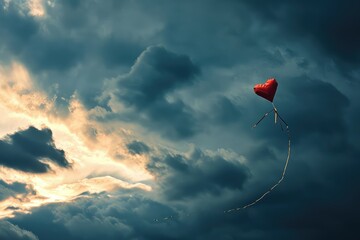 Wall Mural - A vibrant heart-shaped kite soaring against a stormy sky, a resilient and hopeful Valentine's background with copy-space for enduring love tales copy-space