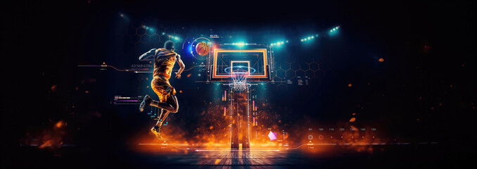 basketball professional team player running scoring ball over the hoop at dramatic stadium shot in dynamic active pose with statistics analysis datum, sports success concept copy space banner