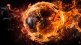 Fototapeta Sport - Fiery soccer ball flying into the goal with flaming net in a spectacular display of sportsmanship