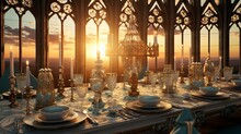 Medieval castle hall banquet  majestic feast with candlelit wooden tables and golden sunlight