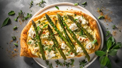 Wall Mural -  a pizza with asparagus and feta cheese on a white plate on a gray surface with a leafy green garnish.